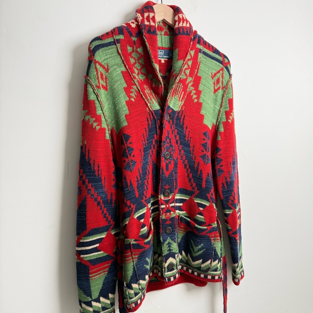 Polo Ralph Lauren Southwestern Shawl Collar Cardigan Belted Navajo Knit Jacket S - Picture 5 of 12